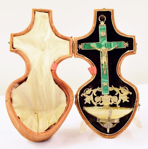 Acquasantiera, sec. XIX, in argento, malachite