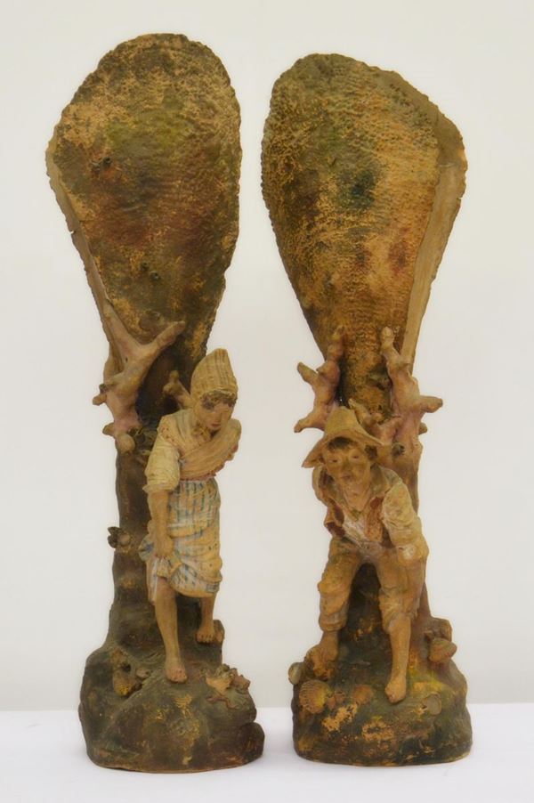 Due sculture, fine sec. XIX, in terracotta policroma,