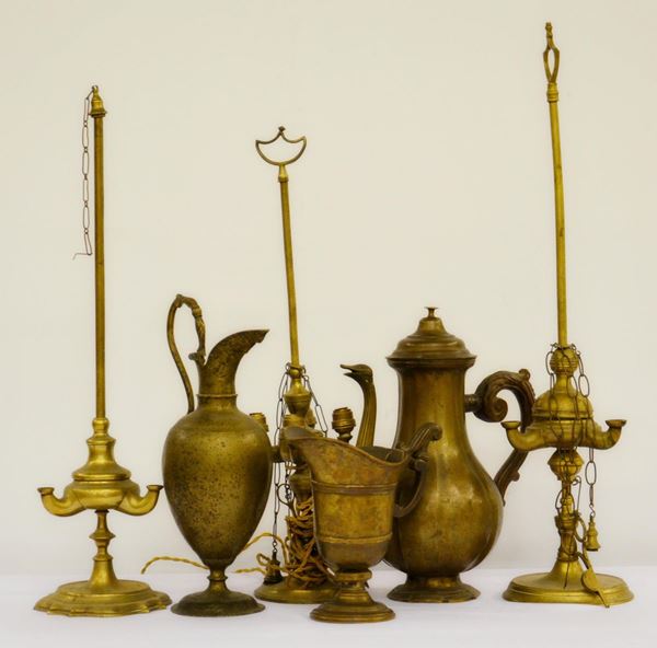 Tre lucerne, due brocche e caffettiera, sec. XIX,