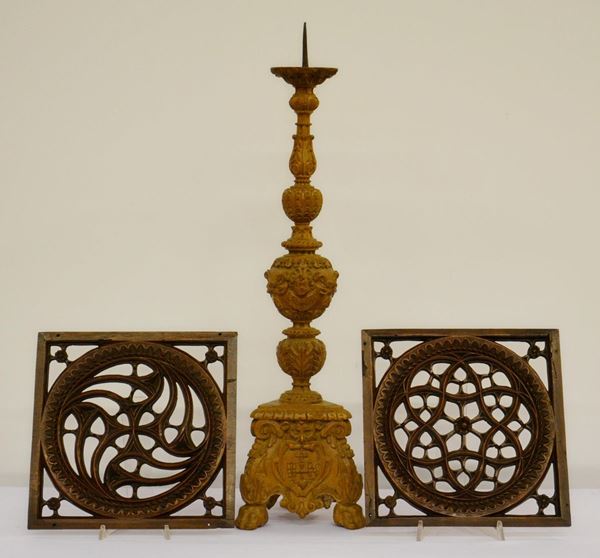 Candeliere, sec. XVIII, in noce intagliato  - Asta GIOIELLI, DIPINTI, ARREDI E OGGETTI D'ARTE - Poggio Bracciolini Casa d'Aste