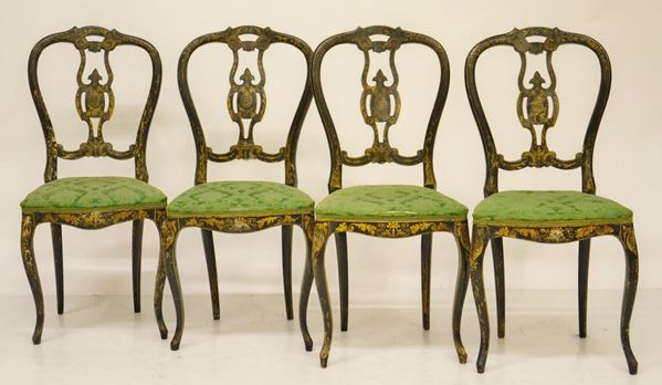 Quattro sedie, sec. XIX, in legno laccato nero  - Asta GIOIELLI, DIPINTI, ARREDI E OGGETTI D'ARTE - Poggio Bracciolini Casa d'Aste