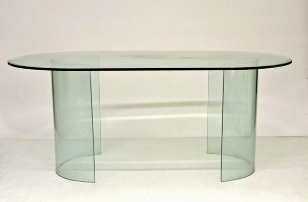 Tavolo, anni 90, in vetro, piano ovale,  - Asta GIOIELLI, DIPINTI, ARREDI E OGGETTI D'ARTE - Poggio Bracciolini Casa d'Aste