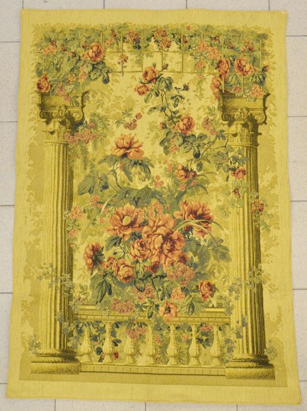 Arazzo, sec. XX, raffigurante architetture  - Asta GIOIELLI, DIPINTI, ARREDI E OGGETTI D'ARTE - Poggio Bracciolini Casa d'Aste