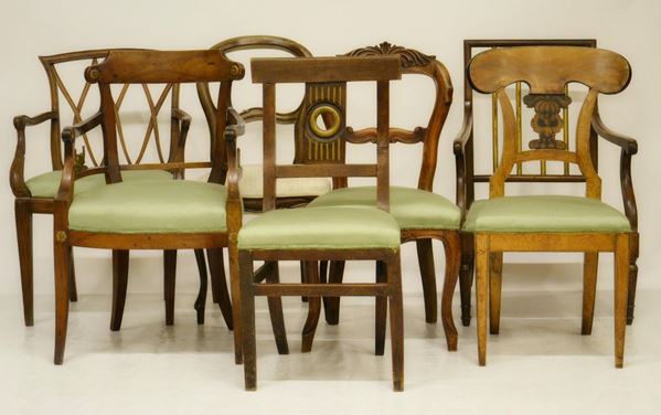 Quattro sedie e tre poltrone, sec. XIX e XX,