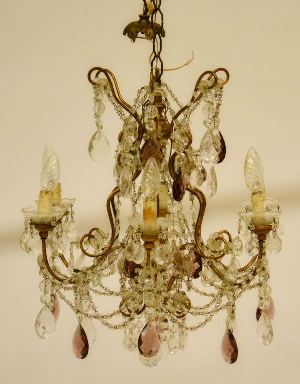 Lampadario, inizi sec. XX, in metallo dorato,