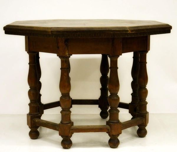 Tavolo, in stile 700, in pioppo, piano ottagonale,