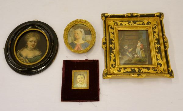 Quattro miniature, sec. XIX e XX, su vari materiali (4)&nbsp;&nbsp;&nbsp;&nbsp;&nbsp;&nbsp;&nbsp;&nbsp;&nbsp;&nbsp;&nbsp;&nbsp;&nbsp;&nbsp;&nbsp;&nbsp;&nbsp;&nbsp;&nbsp;