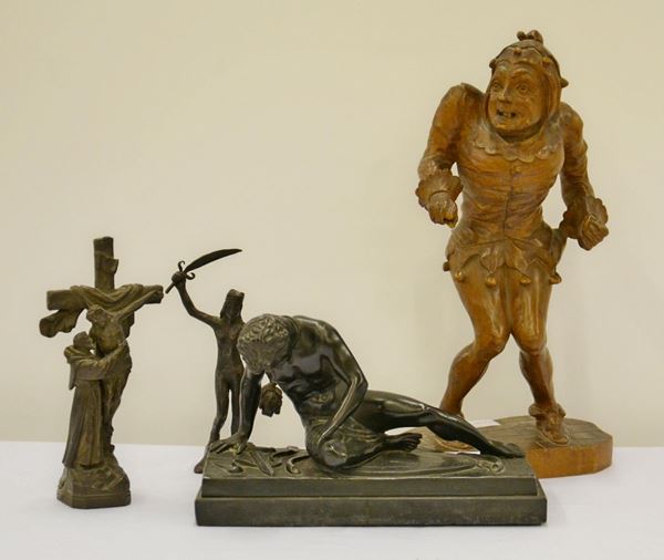 Quattro sculture, sec. XX, in bronzo e legno,  - Asta GIOIELLI, ARREDI D'ANTIQUARIATO, DIPINTI E SCULTURE - Poggio Bracciolini Casa d'Aste