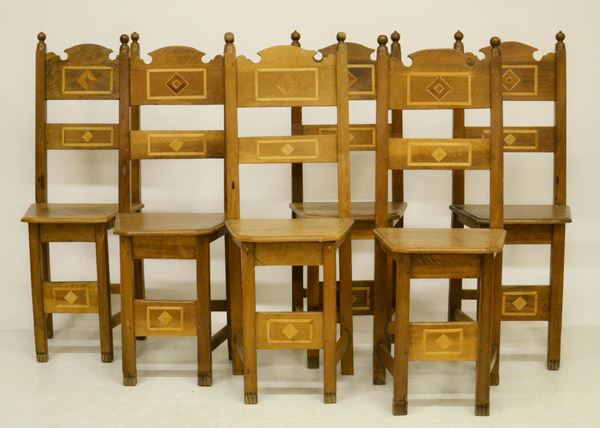 Sei sedie, inizi sec. XX,  - Asta GIOIELLI, ARREDI D'ANTIQUARIATO, DIPINTI E SCULTURE - Poggio Bracciolini Casa d'Aste