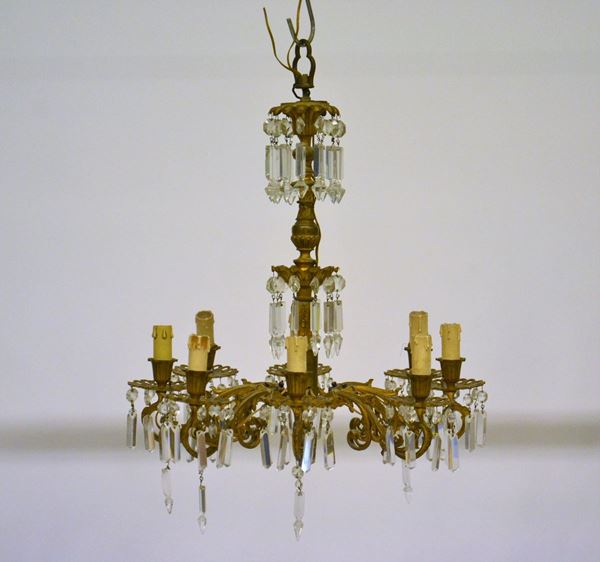 Lampadario, sec. XIX, in bronzo,