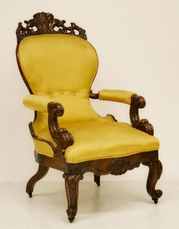 Poltrona, inizi sec. XX, in mogano  - Asta GIOIELLI, ARREDI D'ANTIQUARIATO, DIPINTI E SCULTURE - Poggio Bracciolini Casa d'Aste
