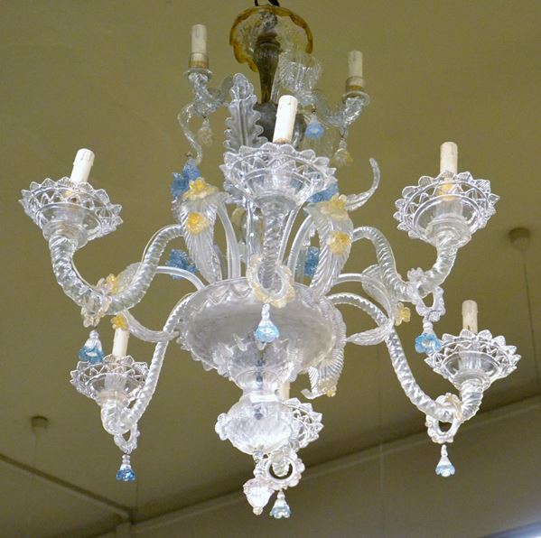 Lampadario, sec. XX, in vetro di murano