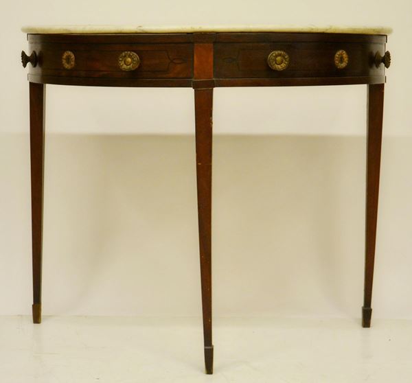 Consolle, sec. XIX, in mogano, due cassetti,  - Asta GIOIELLI, ARREDI D'ANTIQUARIATO, DIPINTI E SCULTURE - Poggio Bracciolini Casa d'Aste