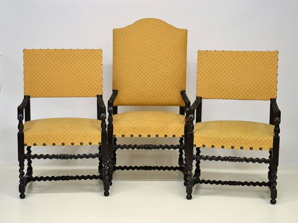 Coppia di poltrone e seggiolone, sec. XIX,