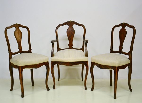 Coppia di sedie e poltroncina, Francia, sec, XIX,
