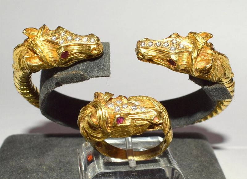 Demi-parure in Oro Giallo, Diamanti e Rubini