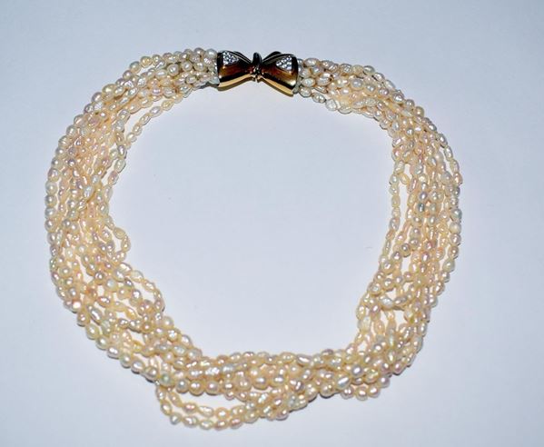 COLLANA GIROCOLLO , IN ORO GIALLO , PERLE E PIETRE