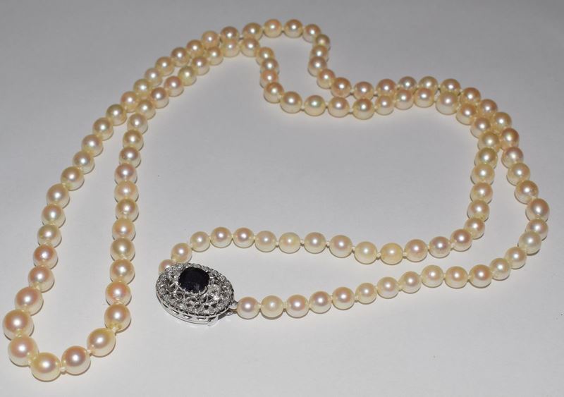 Collana,in Oro Bianco, Diamanti , Zaffiro e Perle