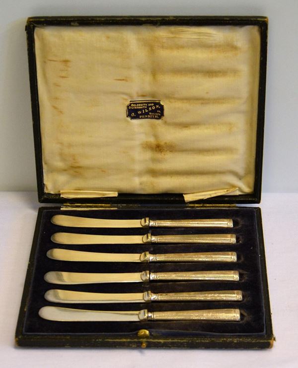 Sei coltelli da burro, Inghilterra, inizi sec. XX, manifattura Goldsmith and Silversmith