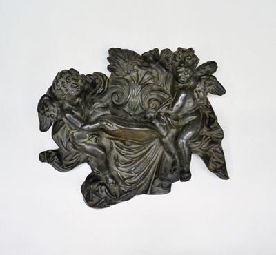 Acquasantiera, Sec. XIX, in Terracotta Patinata in Bronzo,