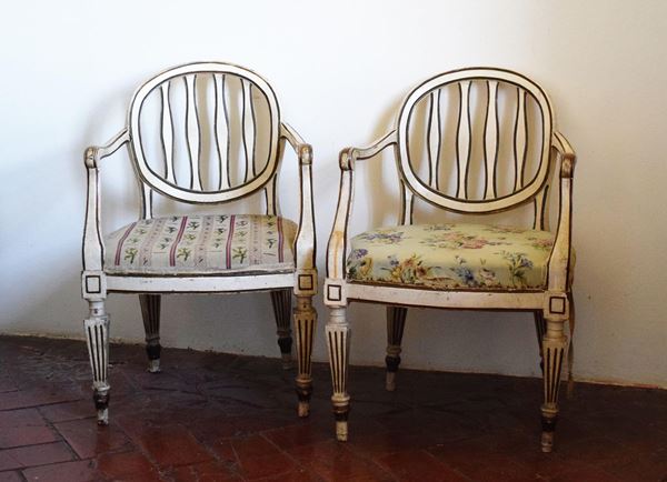 Due poltroncine, sec. XVIII, in legno laccato,&nbsp;&nbsp;&nbsp;&nbsp;&nbsp;&nbsp;&nbsp;&nbsp;&nbsp;&nbsp;&nbsp;&nbsp;&nbsp;&nbsp;&nbsp;&nbsp;&nbsp;&nbsp;&nbsp;&nbsp;&nbsp;&nbsp;&nbsp;&nbsp;&nbsp;&nbsp;&nbsp;&nbsp;