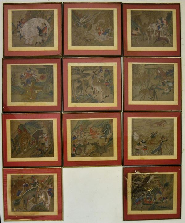 Unidici disegni su seta,  - Asta GIOIELLI, ARREDI D'ANTIQUARIATO, DIPINTI E SCULTURE - Poggio Bracciolini Casa d'Aste