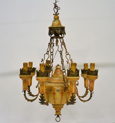 Lampadario, Sec. XIX, in Legno Laccato in Policromia,