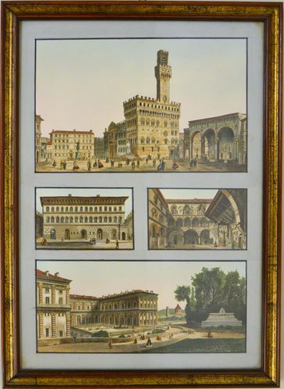 Quattro Stampe, Sec. XX, Acquerellate a Mano, Entro Unica Cornice,