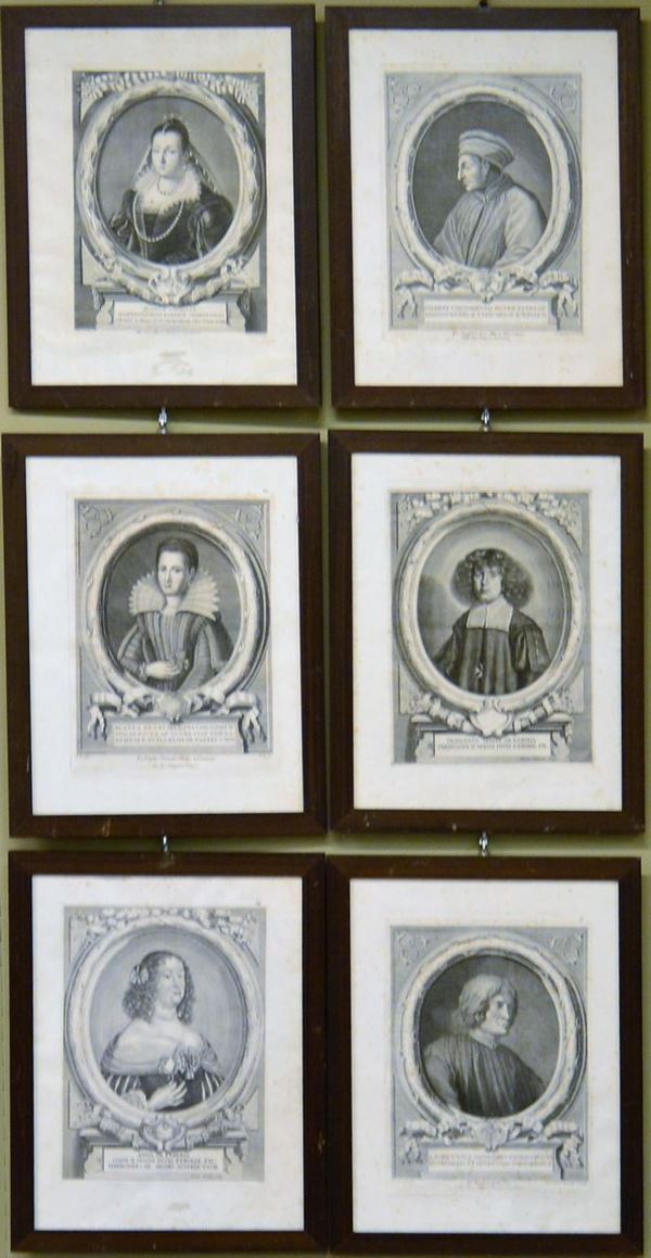 Sei acqueforti raffiguranti PERSONAGGI MEDICEI,  - Asta GIOIELLI, ARREDI D'ANTIQUARIATO, DIPINTI E SCULTURE - Poggio Bracciolini Casa d'Aste