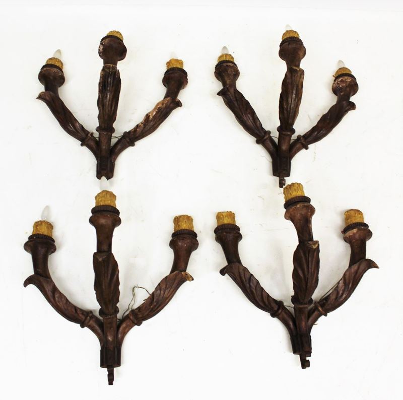 Quattro Appliques, Sec. XIX, in Legno, Tre Bracci Mossi