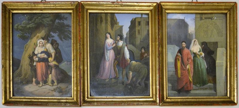 Tre Stampe, Sec. XIX, Dipinte a Mano,