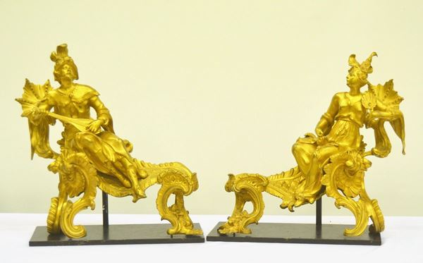Coppia di alari, Francia, sec. XIX, in bronzo
