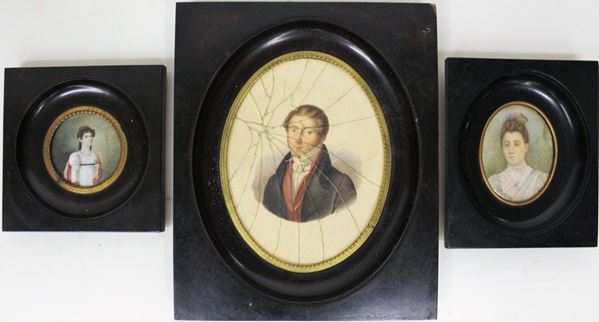 Gruppo di tre  diverse miniature, sec. XIX: