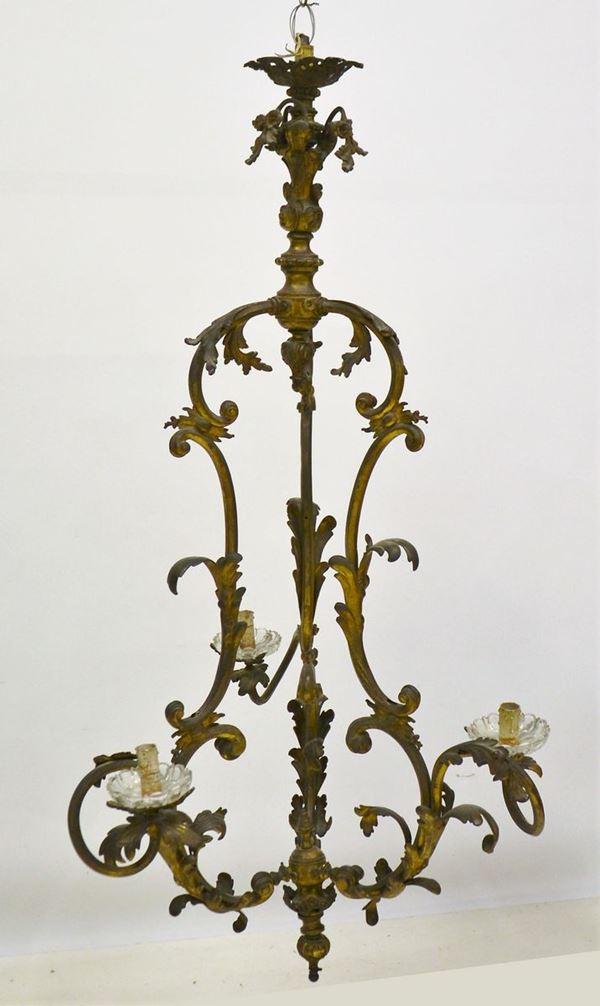 Lampadario, sec. XIX, in bronzo dorato,  - Asta GIOIELLI, ARGENTI, DIPINTI E ARREDI D'ANTIQUARIATO - Poggio Bracciolini Casa d'Aste