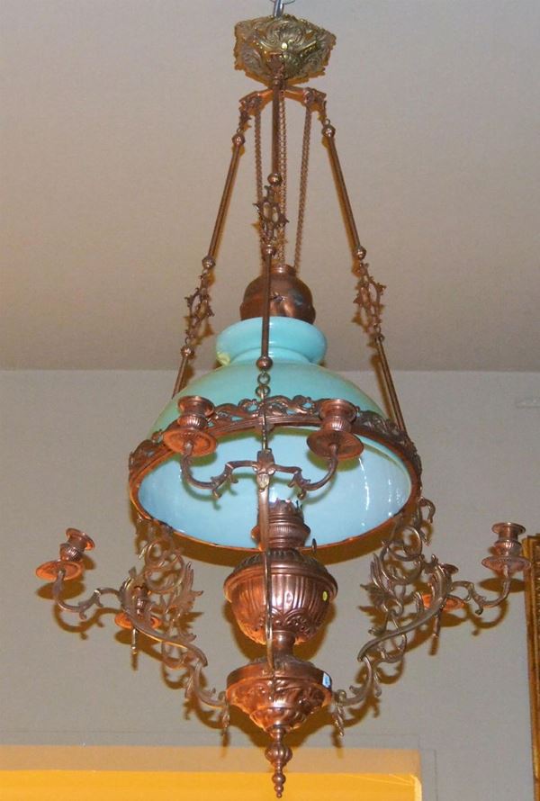 Lampadario, inizi sec. XX, in rame con campana