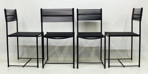 Quattro sedie, sec. XX, produzione Alias,&nbsp;&nbsp;&nbsp;&nbsp;&nbsp;&nbsp;&nbsp;&nbsp;&nbsp;&nbsp;&nbsp;&nbsp;&nbsp;&nbsp;&nbsp;&nbsp;&nbsp;&nbsp;&nbsp;&nbsp;&nbsp;&nbsp;&nbsp;&nbsp;&nbsp;&nbsp;&nbsp;&nbsp;&nbsp;&nbsp;&nbsp;&nbsp;&nbsp;