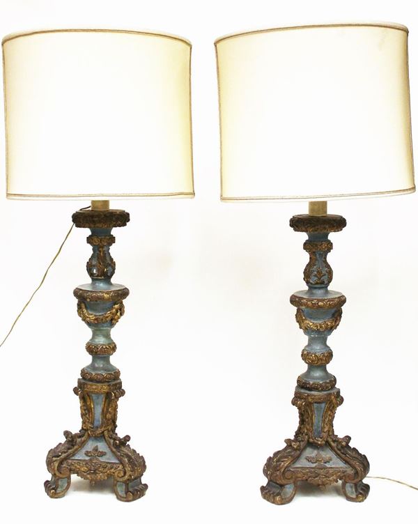 Coppia di candelieri, sec. XVIII, in legno