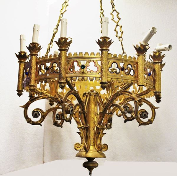 Lampadario, inzio sec. XX, in metallo dorato