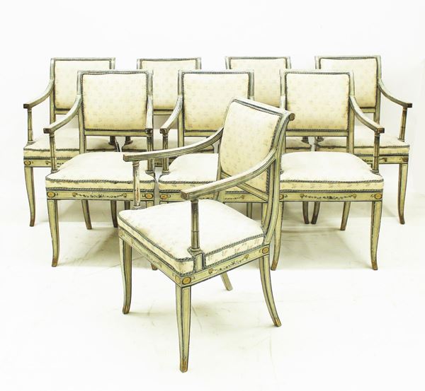 Otto poltroncine, fine sec. XVIII, in legno