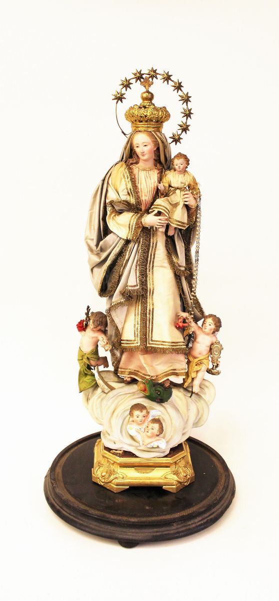 Madonna dell&#8217; Immacolata, Napoli, sec. XIX, scultura in terracotta dipinta in policromia,&nbsp; entro teca in vetro, alt cm 67