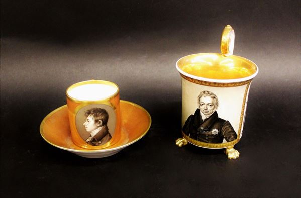 Tazza e piattino, Parigi, 1810, fondo in porcellana marrone chiaro e dorature dipinta raffigurare un medaglione ovale con ritratto virile.  - Asta GIOIELLI, ARREDI D'ANTIQUARIATO, E DIPINTI DAL XVI AL XX SECOLO - Poggio Bracciolini Casa d'Aste