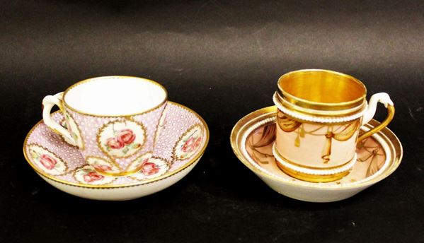 Tazza e piattino, Francia, 1760-1770, manifattura di Sevres, in porcellana lumeggiata in oro e dipinta ad occhio di prenice nei toni del rosa, interrotta da riserve circolari decorate a mazzolini di rose