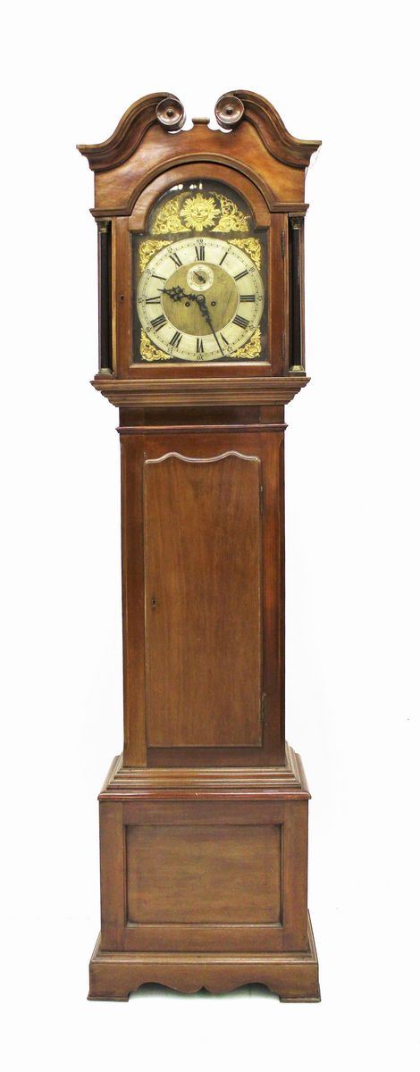 Orologio a torre, sec. XX, in mogano, quadrante in metallo ad indici romani