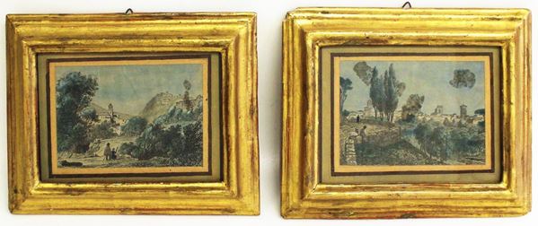 Coppia di incisioni acquerellate a mano, sec. XVIII, raffiguranti paesaggi e viandanti, cm 11,5x7,5 (2)