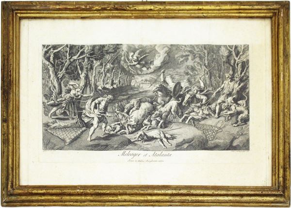 Incisione su carta di Lonsing, Fran&ccedil;ois-Louis, da Giulio Romano, sec. XVIII, raffigurante Melanione e Atlanta, lastra mm 485x280