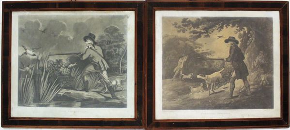 Coppia di incisioni, Inghilterra, fine sec. XIX, raffiguranti scene di caccia, lastra mm 370x340