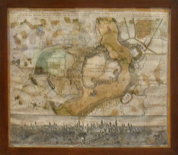 Incisione, sec. XVIII, raffigurante la piata della citt&agrave; di Mantova