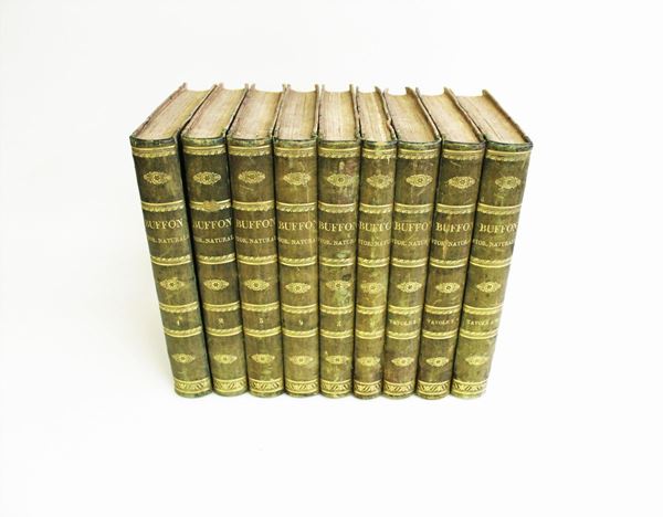 Lo Spirito della Storia Naturale tratto da Buffon e d&#8230; suoi continuatori ad uso principalmente di quelli che col mezzo di un'amena lettura amano erudirsi in tutte le scienze utili all'umana famiglia. Opera corredata da oltre 500 tavole esprimenti le migliori produzioni dei tre regni della natura, Venezia, c&#8226; tipi di Giuseppe Antonelli, 1835, 9 voll. in-8&oslash; 240x157mm ,&nbsp; legatura coeva in mezza pelle verde con titolo. Piatti marmorizzati.