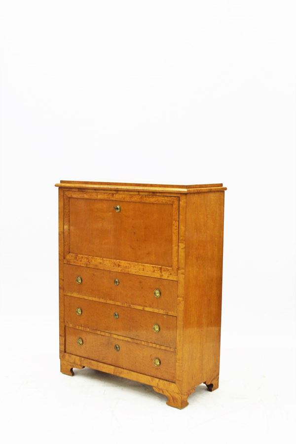Secretaire, Austria, biedermeier, in acero fronte a tre cassetti e ribalta