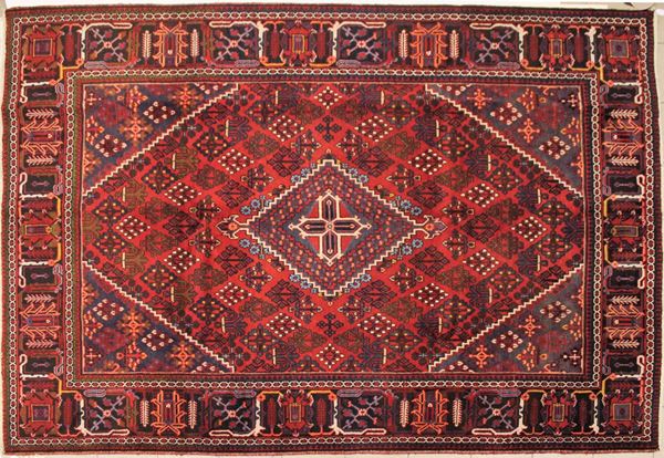 Tappeto persiano Baktiari, vecchia manifattura, campo a motivo geometrico e